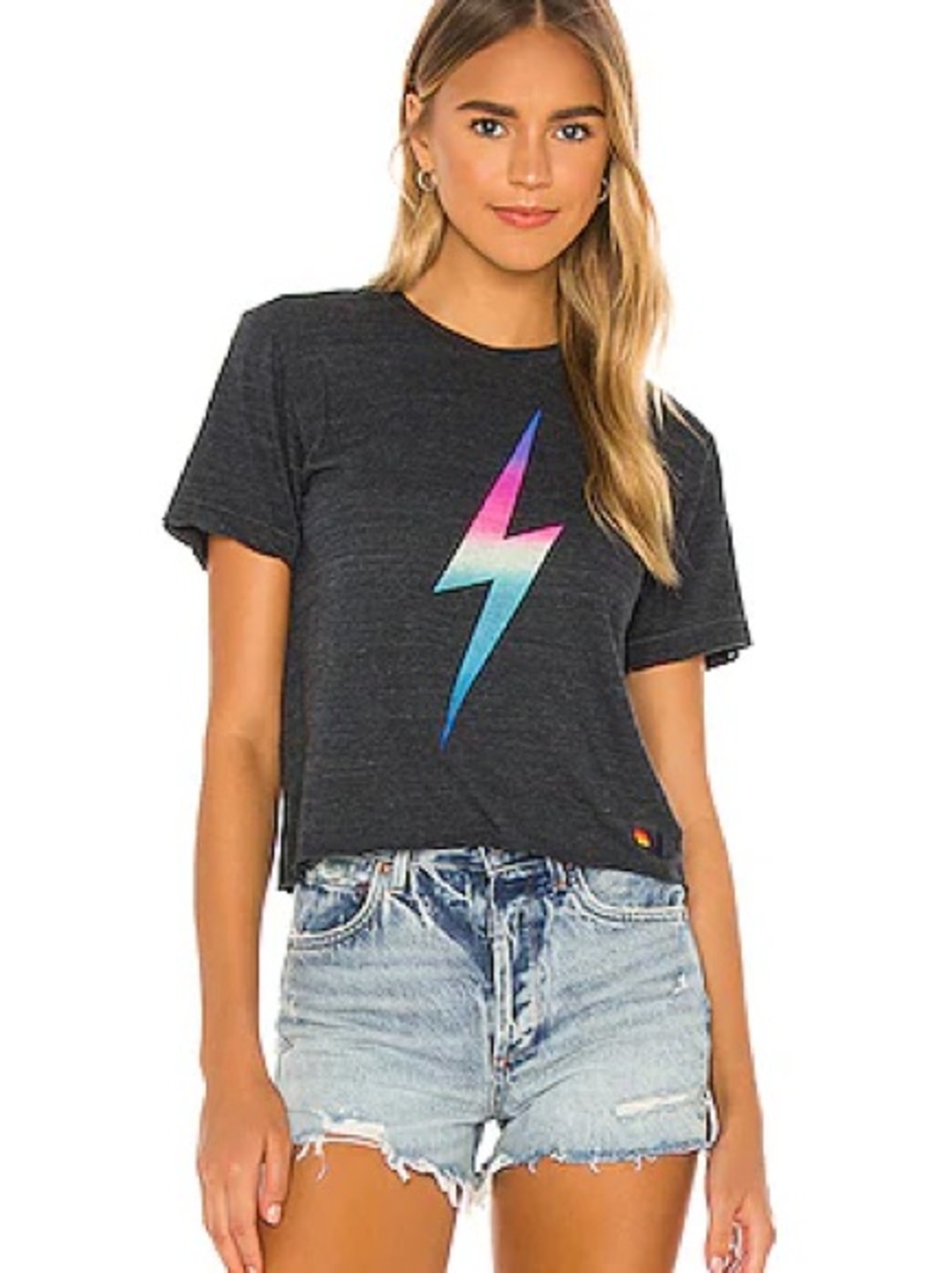 Aviator Nation Charcoal Tee with Pink-to-Blue Lightning Bolt size S